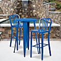 Flash Furniture Commercial-Grade Round Metal Indoor-Outdoor Bar Table Set With 2 Vertical Slat-Back Stools, 41"H x 24"W x 24"D, Blue