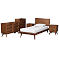 Baxton Studio Melora Mid-Century Modern Finished Wood/Rattan 5-Piece Bedroom Set, Twin Size, Walnut Brown