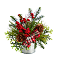 Nearly Natural Holiday Winter 12”H Pine Cones, Berries, Greenery And Plaid Bow Artificial Christmas Arrangement, 12”H x 10”W x 8”D, Green/Silver