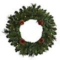 Nearly Natural Pine Artificial Christmas Wreath With 35 LED Lights, 20” x 4”, Green