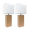 Elegant Designs Modern Leather Table Lamps, 21"H, White Shade/Beige Base, Set Of 2 Lamps