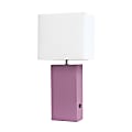 Elegant Designs Modern Leather/Fabric Desk Lamp With USB Port, 21"H, White Shade/Purple Base