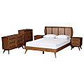 Baxton Studio Asami Mid-Century Modern Finished Wood/Woven Rattan 5-Piece Bedroom Set, Full Size, Walnut Brown