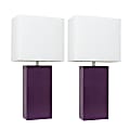 Elegant Designs Modern Leather Table Lamps, 21"H, White Shade/Eggplant Base, Set Of 2 Lamps