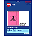 Avery® Print-To-The-Edge Labels With Sure Feed® Technology And Easy Peel® Label Feature, 94213-BPP10, Rectangle, 3" x 5", Matte Bright Pink, Pack of 30