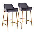 LumiSource Daniella Counter Stools, 38" Fixed Height, Velvet, Silver/Gold, Set Of 2 Stools