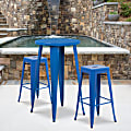 Flash Furniture Commercial-Grade Round Metal Indoor/Outdoor Bar Table Set With 2 Square-Seat Backless Stools, 41"H x 24"W x 24"D, Blue