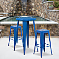 Flash Furniture Commercial-Grade Round Metal Indoor/Outdoor Bar Table Set With 2 Square-Seat Backless Stools, 41"H x 24"W x 24"D, Blue 1 thumbnail image