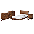 Baxton Studio Melora Mid-Century Modern Finished Wood/Rattan 4-Piece Bedroom Set, Twin Size, Walnut Brown