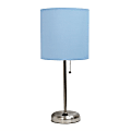 LimeLights Brushed Steel Stick Lamp with Charging Outlet and Blue Fabric Shade