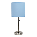 LimeLights Brushed Steel Stick Lamp with Charging Outlet and Blue Fabric Shade 1 thumbnail image