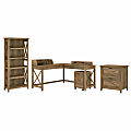 Bush Furniture Key West 60"W L-Shaped Desk With File Cabinets, Bookcase And Desktop Organizers, Reclaimed Pine, Standard Delivery