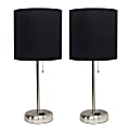 LimeLights Brushed Steel Stick Lamp with Charging Outlet and Black Fabric Shade 2 Pack Set