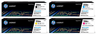 HP 206X Black; Cyan; Magenta; Yellow High Yield Toner Cartridges Combo, Pack Of 4, W2110X,W2111X,W2112X,W2113X
