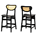 Baxton Studio Hesper Mid-Century Modern Finished Wood/Rattan Counter-Height Stools With Backs, Dark Brown, Set Of 2 Stools