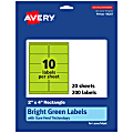 Avery® Printable Labels With Sure Feed® Technology, 94207-BGP20, Rectangle, 2" x 4", Matte Bright Green, Pack of 200 1 thumbnail image