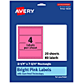 Avery® Print-To-The-Edge Labels With Sure Feed® Technology, 94244-BPP20, Rectangle, 2-1/4" x 7-3/4", Matte Bright Pink, Pack of 80