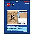 Avery® Kraft Permanent Labels With Sure Feed®, 94506-KMP50, Round, 1-1/2" Diameter, Brown, Pack Of 1,000 1 thumbnail image