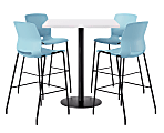 KFI Studios Proof Bistro Square Pedestal Table With Imme Bar Stools, Includes 4 Stools, 43-1/2”H x 42”W x 42”D, Designer White Top/Black Base/Sky Blue Chairs