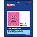 Avery® Print-To-The-Edge Labels With Sure Feed® Technology And Easy Peel® Label Feature, 94509-BPP20, Round, 1-3/4", Matte Bright Pink, Pack of 400 1 thumbnail image