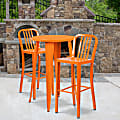 Flash Furniture Commercial-Grade Round Metal Indoor-Outdoor Bar Table Set With 2 Vertical Slat-Back Stools, 41"H x 24"W x 24"D, Orange