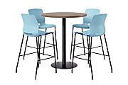KFI Studios Proof Bistro Round Pedestal Table With Imme Barstools, 4 Barstools, 42", Studio Teak/Black/Sky Blue Stools