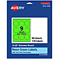 Avery® Print-To-The-Edge Labels With Sure Feed® Technology, 94502-NGP80, Round, 2-1/2", Matte Neon Green, Pack of 720 1 thumbnail image
