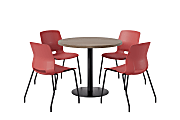 KFI Studios Midtown Pedestal Round Standard Height Table Set With Imme Armless Chairs, 31-3/4”H x 22”W x 19-3/4”D, Studio Teak Top/Black Base/Coral Chairs