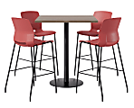 KFI Studios Proof Bistro Square Pedestal Table With Imme Bar Stools, Includes 4 Stools, 43-1/2”H x 42”W x 42”D, Studio Teak Top/Black Base/Coral Chairs