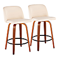 LumiSource Toriano Counter Stools, Cream/Walnut/Round Black Footrest, Set Of 2 Stools