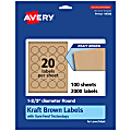 Avery® Kraft Permanent Labels With Sure Feed®, 94508-KMP100, Round, 1-2/3" Diameter, Brown, Pack Of 2,000