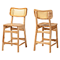 Baxton Studio Tadeo Mid-Century Modern Finished Wood/Rattan Counter-Height Stools With Backs, Oak Brown, Set Of 2 Stools
