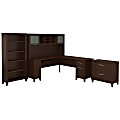 Bush Furniture Somerset 72"W L Shaped Desk With Hutch, Lateral File Cabinet And Bookcase, Mocha Cherry, Standard Delivery