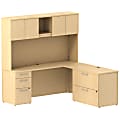 Bush Business Furniture 300 Series L Shaped Desk And Hutch With 3 Drawer Pedestal And 2 Drawer Lateral File Cabinet, 72"W x 22"D, Natural Maple, Premium Installation