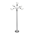 Simple Designs 5-Light Adjustable Gooseneck Floor Lamp, 67"H, White Shade/Silver Base