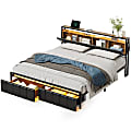 Bestier Metal Frame Platform Bed with Charge Station, Storage Headboard and Drawers, King Size, Rustic Brown