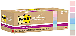 Post-it Super Sticky Recycled Notes, 3 in x 3 in, 12 Pads, 70 Sheets/Pad, 2x the Sticking Power, Wanderlust Pastels Colors, 100% Recycled