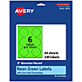 Avery® Print-To-The-Edge Labels With Sure Feed® Technology, 94513-NGP40, Round, 3", Matte Neon Green, Pack of 240 1 thumbnail image