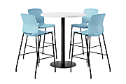 KFI Studios Proof Bistro Round Pedestal Table With Imme Barstools, 4 Barstools, 36", Designer White/Black/Sky Blue Stools