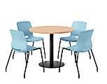 KFI Studios Midtown Pedestal Round Standard Height Table Set With Imme Armless Chairs, 31-3/4”H x 22”W x 19-3/4”D, Maple Top/Black Base/Sky Blue Chairs