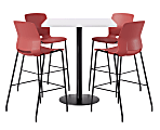 KFI Studios Proof Bistro Square Pedestal Table With Imme Bar Stools, Includes 4 Stools, 43-1/2”H x 42”W x 42”D, Designer White Top/Black Base/Coral Chairs