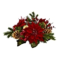 Nearly Natural 14”H Poinsettia, Berry And Golden Pine Cone Candelabrum Artificial Arrangement, 14”H x 14”W x 6”D, Clear/Red