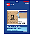 Avery® Kraft Permanent Labels With Sure Feed®, 94603-KMP100, Heart, 2-9/32" x 1-27/32", Brown, Pack Of 1,200