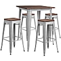 Flash Furniture Square Metal Bar Table Set With Wood Top And 4 Backless Stools, 42"H x 32"W x 32"D, Silver