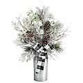 Nearly Natural 28”H Frosted Greenery And Pine Cone Artificial Christmas Arrangement With Plaid Bow And Decorative Tin, 28”H x 13”W x 10”D, Silver