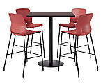 KFI Studios Proof Bistro Square Pedestal Table With Imme Bar Stools, Includes 4 Stools, 43-1/2”H x 42”W x 42”D, Cafelle Top/Black Base/Coral Chairs