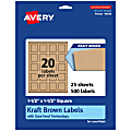 Avery® Kraft Permanent Labels With Sure Feed®, 94106-KMP25, Square, 1-1/2" x 1-1/2", Brown, Pack Of 500