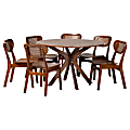 Baxton Studio Giuliana Mid-Century Modern Wood and Woven Rattan 7-Piece Dining Set, Walnut/Brown