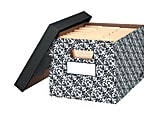 Bankers Box® Decorative™ Medium-Duty Storage Boxes With Locking Lift-Off Lids And Built-In Handles, Letter/Legal Size, 15" x 12" x 10", Black/White Brocade, Case Of 4