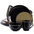 Elama 16-Piece Stoneware Dinnerware Set, Black/Warm Taupe